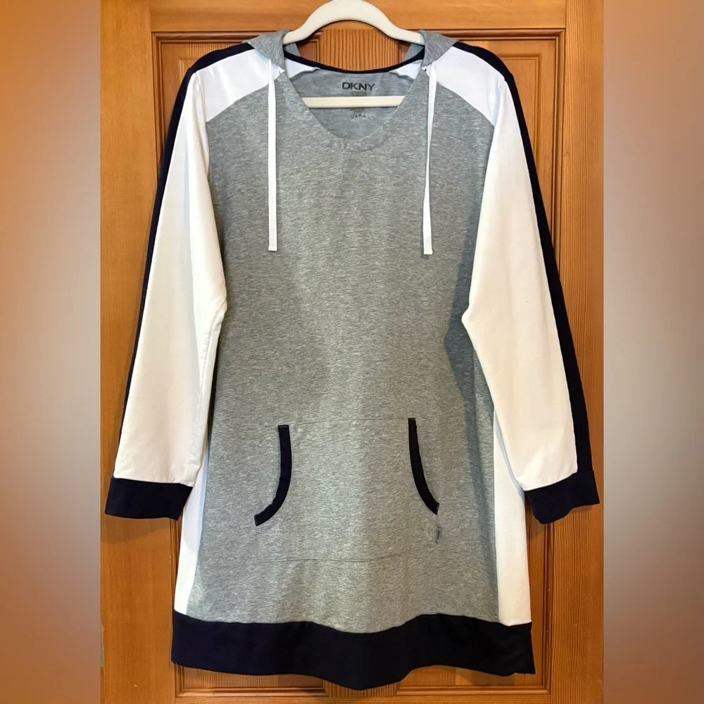 DKNY Color-Block Hooded Relaxed Shirt/Dress in Heather Gray, Blue & White  w Pkt - Picture 3 of 10